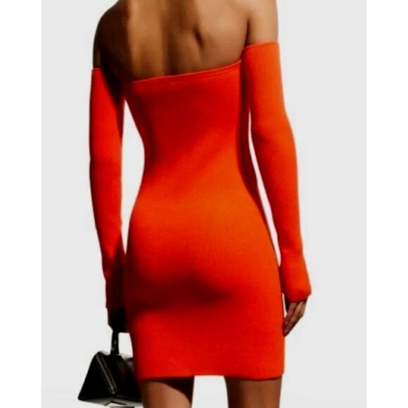 Helmut Lang M Contour Ribbed Knit Dress $395 Off Shoulder Long Sleeve Orange - Picture 2 of 12